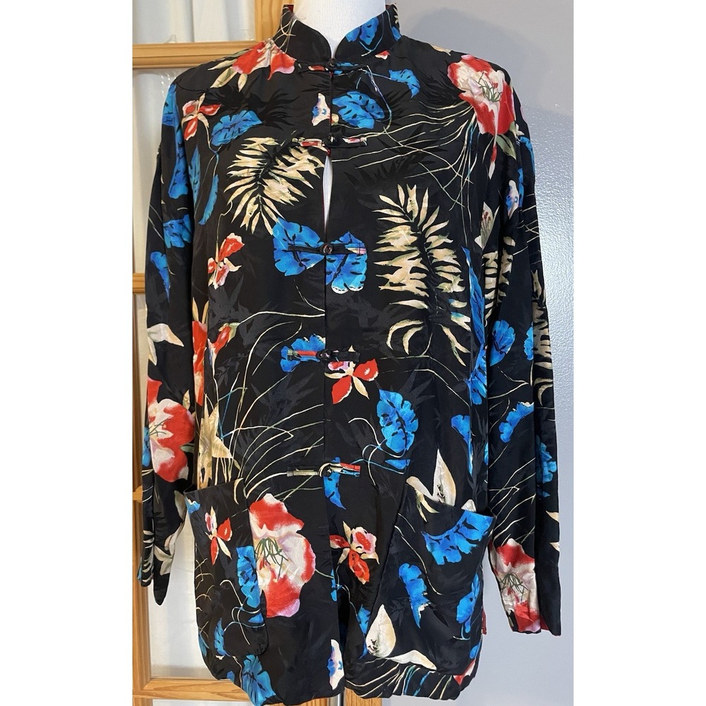 Vtg 90s 100% Silk Reversible Jacket XL Asian Inspired Floral Jacquard Button Up